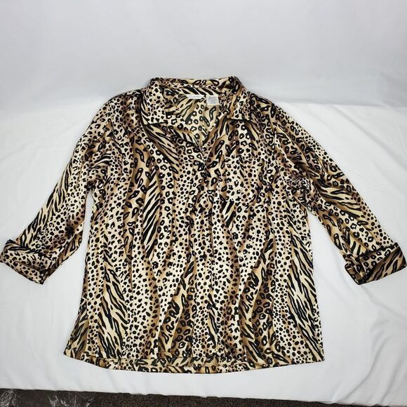 L SATIN LEOPARD Black Brown Long Sleeve button front lounge top blouse LARGE - Picture 13 of 14